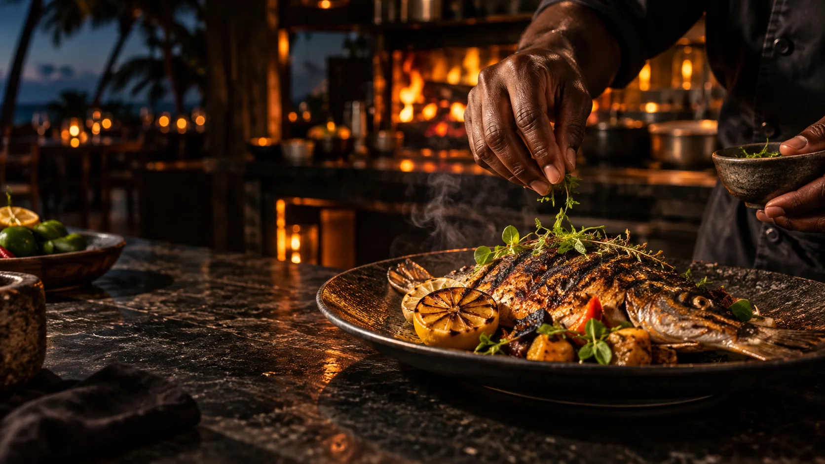 Préparation d’un poisson grillé, concept de site pour un restaurant