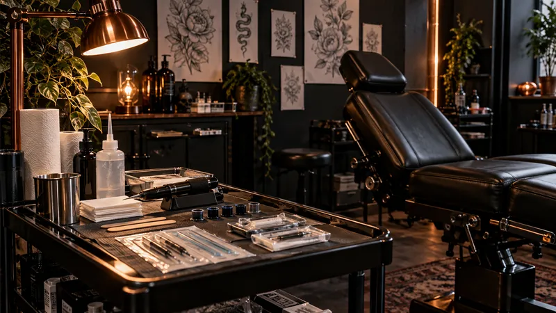 Fauteuil, matériel et dessins dans un studio de tatouage